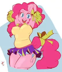 Size: 800x932 | Tagged: anthro, armpits, artist:deeriojim, artist:lizombie, blue underwear, breasts, busty pinkie pie, cheerleader, cheerleader pinkie, clothes, collaboration, colored pupils, cute, derpibooru import, diapinkes, erect nipples, female, happy, looking at you, nipple outline, panties, pinkie pie, plump, rainbow falls, skirt, solo, solo female, suggestive, underwear, upskirt