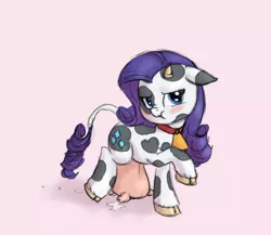 Size: 760x660 | Tagged: artist:carnifex, artist:deeriojim, collar, cow, cowbell, cowified, cow udder, derpibooru import, female, lactation, leaking, looking at you, milk, puddle, raricow, rarity, safe, saggy, solo, species swap, udder