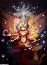 Size: 755x1057 | Tagged: anthro, artist:foxinshadow, derpibooru import, discord, element of magic, eyes closed, hinduism, horn, magic, multiple arms, princess celestia, ravi, religion, religious, safe, scroll, sitting, sparkles, tiara