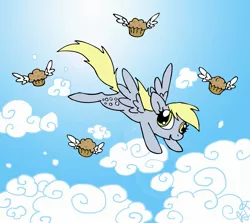 Size: 2403x2144 | Tagged: safe, artist:electric-mongoose, derpibooru import, derpy hooves, pegasus, pony, cloud, cloudy, female, flying, mare, muffin, sky, solo, winged muffin, wings