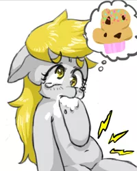 Size: 666x833 | Tagged: safe, artist:misocha, derpibooru import, derpy hooves, pegasus, pony, belly button, drool, female, hungry, mare, muffin, pixiv, solo, stomach noise, thinking