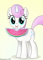 Size: 1126x1563 | Tagged: adorableshine, artist:bluemeganium, chewing, cute, derpibooru import, eating, fourth wall, gradient background, looking at you, magic, safe, solo, telekinesis, twinkleshine, watermelon
