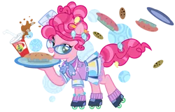 Size: 1000x639 | Tagged: safe, artist:pixelkitties, derpibooru import, pinkie pie, earth pony, pony, 1950s, 50's fashion, 50s, alternate hairstyle, clothes, fashion, female, food, glasses, hilarious in hindsight, pi day, pie, roller skates, simple background, solo, transparent background, waitress
