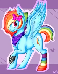 Size: 1024x1304 | Tagged: alternate hairstyle, artist:shyshyoctavia, bandana, clothes, derpibooru import, ear piercing, fashion, piercing, rainbow dash, rainbow socks, safe, scene kid, socks, solo, spread wings, striped socks