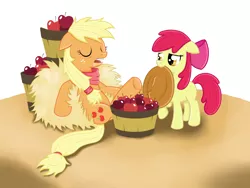 Size: 4000x3000 | Tagged: apple, apple bloom, applejack, artist:paintedhooves, bucket, derpibooru import, drool, hay, messy mane, safe, shawl, sleeping