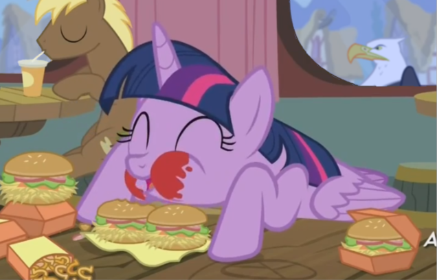 Size: 636x408 | Tagged: safe, derpibooru import, edit, edited screencap, screencap, that friggen eagle, twilight sparkle, twilight sparkle (alicorn), alicorn, bald eagle, eagle, pony, twilight time, burger, female, hay burger, mare, soon, that pony sure does love burgers, twilight burgkle