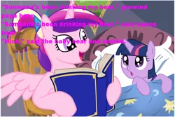 Size: 1024x683 | Tagged: safe, deleted from derpibooru, derpibooru import, princess cadance, twilight sparkle, alicorn, pony, unicorn, bedtime story, book, cadance's bedtime stories, duo, exploitable meme, filly, goldilocks and the three bears, looking up, meme, younger
