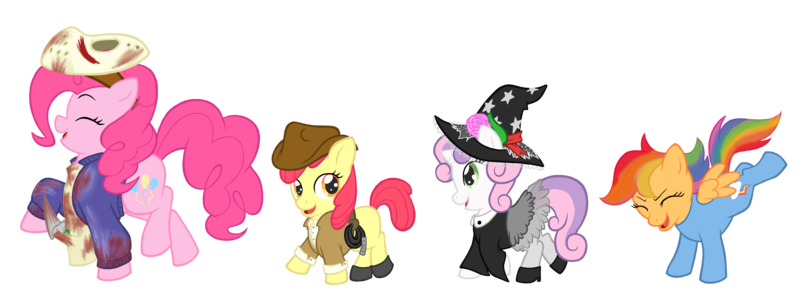 Size: 3259x1204 | Tagged: apple bloom, artist:rustedrabbit, clothes, costume, cutie mark crusaders, derpibooru import, halloween, indiana jones, jason, pinkie pie, rainbow dash, safe, scootaloo, sweetie belle