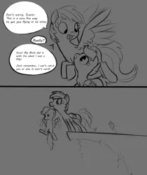 Size: 1951x2321 | Tagged: 2 panel comic, abuse, artist:nohooves, comic, derpibooru import, monochrome, rainbow dash, scootabuse, scootaloo, semi-grimdark, this will end in tears and/or death