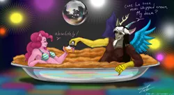 Size: 3300x1812 | Tagged: suggestive, artist:zabchan, derpibooru import, discord, pinkie pie, human, bikini, breasts, clothes, dialogue, disco, discoball, discopie, eared humanization, female, horned humanization, humanized, male, pie, pony coloring, pun, shipping, silly, straight, swimsuit, visual pun, whipped cream, wingboner