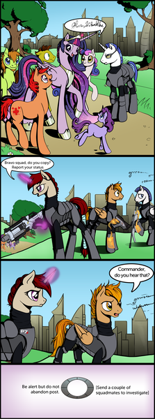 Size: 1500x4030 | Tagged: safe, artist:silfoe, derpibooru import, bon bon, sweetie drops, twilight sparkle, twilight sparkle (alicorn), ponified, alicorn, pony, commander shepard, crossover, female, femshep, gun, magic effect, mare, mass effect, tumblr, weapon