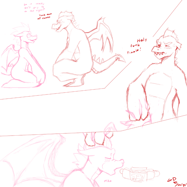 Size: 1100x1100 | Tagged: anthro, anthro dragon, artist:gaydragon, brojob, censored, comic, derpibooru import, dragon, fizzle, garbizzle, garble, gay, hot dog, implied blowjob, implied oral, implied sex, male, naive, no homo, not gay, questionable, sfw edit, sketch, source needed