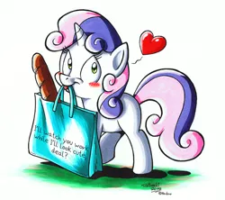 Size: 900x799 | Tagged: artist:tobibrocki, bag, baguette, blushing, bread, bronybait, cute, derpibooru import, diasweetes, food, heart, looking at you, message, mouth hold, safe, solo, sweetie belle