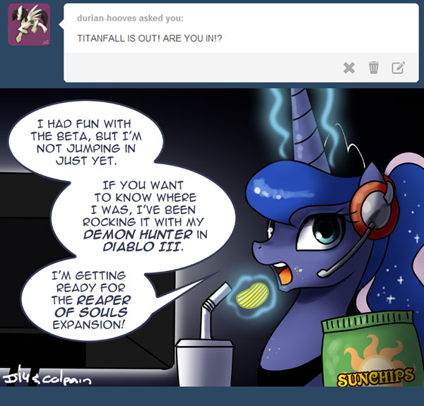 Size: 600x575 | Tagged: artist:johnjoseco, ask gaming princess luna, chips, comic, computer, derpibooru import, diablo, diablo 3, drink, eating, gamer luna, headset, magic, potato chips, princess luna, reaper of souls, safe, solo, straw, titanfall, tumblr