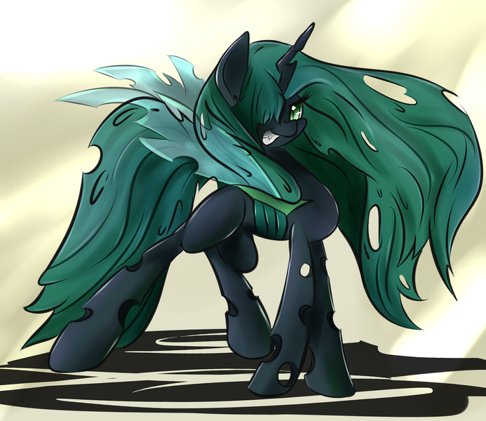 Size: 1024x887 | Tagged: safe, artist:madacon, derpibooru import, queen chrysalis, changeling, changeling queen, nymph, cute, cutealis, female, grin, hair over one eye, looking at you, sassy, shadow, smiling, solo, younger