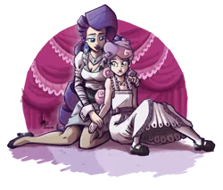 Size: 1000x850 | Tagged: artist:theartrix, clothes, derpibooru import, dress, human, humanized, nail polish, partial background, rarity, safe, sisters, sitting, sweetie belle