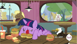 Size: 550x313 | Tagged: safe, derpibooru import, edit, edited screencap, screencap, that friggen eagle, twilight sparkle, twilight sparkle (alicorn), alicorn, bald eagle, eagle, pony, twilight time, all new, animated, drool, female, hay burger, mare, text, that pony sure does love burgers, twilight burgkle