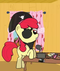 Size: 1233x1458 | Tagged: safe, artist:app1ebloom, derpibooru import, apple bloom, earth pony, pony, album cover, clubhouse, crusaders clubhouse, curtains, eyepatch, female, filly, handkerchief, hat, microphone, pirate, pirate hat, pirate radio, pun, radio, rage against the machine, solo, table, tool (band), visual pun, wires