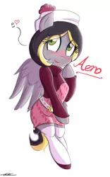 Size: 1196x1920 | Tagged: safe, artist:willisninety-six, derpibooru import, oc, oc:aero, unofficial characters only, pegasus, pony, semi-anthro, aero replies, belt, bipedal, blushing, clothes, colt, crossdressing, hat, heart, lipstick, makeup, male, offspring, parent:derpy hooves, parent:oc:warden, parents:canon x oc, parents:warderp, shoes, simple background, skirt, socks, solo, stockings, trap, white background