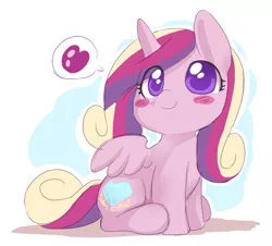 Size: 560x507 | Tagged: artist:ende26, blushing, chibi, cute, cutedance, daaaaaaaaaaaw, derpibooru import, heart, missing accessory, pictogram, princess cadance, safe, sitting, smiling, solo, speech bubble, younger