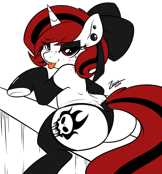Size: 1280x1373 | Tagged: suggestive, artist:zajice, derpibooru import, oc, oc:lilith, unofficial characters only, pony, succubus, unicorn, bedroom eyes, black underwear, bow, clothes, female, freckles, panties, piercing, plot, plump, signature, sitting, solo, solo female, stockings, tail wrap, tongue out, underwear