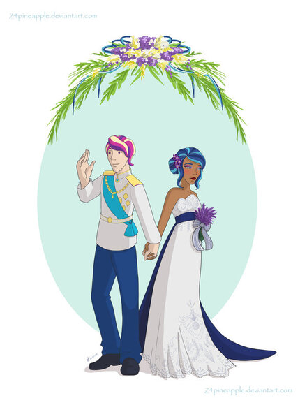 Size: 600x818 | Tagged: artist:z4pineapple, blushing, bouquet, clothes, dark skin, derpibooru import, dress, female, flower, gleaming bolero, gleaming shield, human, humanized, makeup, male, prince bolero, princess cadance, rule 63, safe, sash, shining armor, shiningcadance, shipping, simple background, straight, wedding, wedding dress, white background