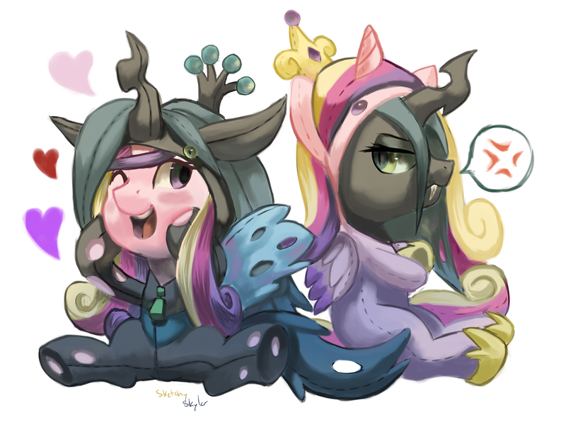 Size: 1280x953 | Tagged: artist:moonseeker, clothes, costume, derpibooru import, pony costume, princess cadance, queen chrysalis, role reversal, safe