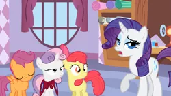 Size: 1365x768 | Tagged: safe, derpibooru import, screencap, apple bloom, rarity, scootaloo, sweetie belle, earth pony, pegasus, pony, unicorn, stare master, cape, carousel boutique, clothes, cmc cape, cutie mark crusaders, female, filly, mare