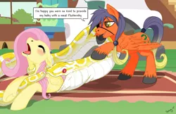 Size: 1136x735 | Tagged: safe, artist:hellonurse, derpibooru import, fluttershy, oc, oc:snake eyes, pegasus, pony, snake, ahegao, blushing, dialogue, drool, eaten alive, eyes closed, female, fetish, flutterprey, imminent death, male, open mouth, predation, vore, willing vore