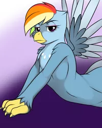 Size: 1200x1500 | Tagged: suggestive, artist:kloudmutt, derpibooru import, rainbow dash, anthro, gryphon, bedroom eyes, female, griffonized, image, jpeg, looking at you, rainbow griffon, solo, solo female, species swap, spread wings, stretching, sultry pose, wings