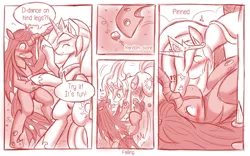 Size: 800x499 | Tagged: safe, artist:vavacung, derpibooru import, princess celestia, queen chrysalis, pony, comic:when villain win, accidental shipping, alternate universe, bipedal, blushing, chryslestia, comic, dancing, embarrassed, female, lesbian, monochrome, shipping, tripping