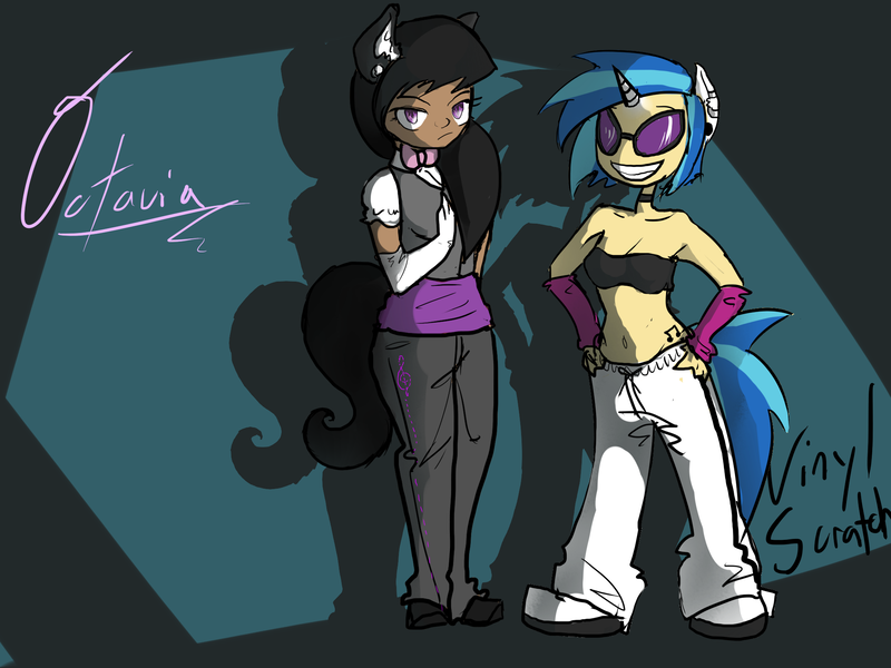 Size: 2000x1500 | Tagged: safe, artist:ofthevirtus, derpibooru import, octavia melody, vinyl scratch, human, clothes, eared humanization, female, horned humanization, humanized, tailed humanization