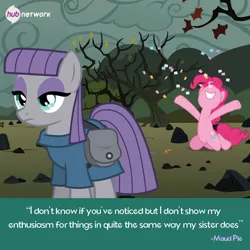 Size: 548x549 | Tagged: safe, derpibooru import, edit, edited screencap, screencap, maud pie, pinkie pie, earth pony, pony, maud pie (episode), caption, confetti, duo, emotion, female, hub logo, mare, maud being maud, pinkie being pinkie, rock farm, siblings, sisters, the hub