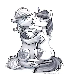 Size: 621x700 | Tagged: safe, artist:kenket, artist:spainfischer, derpibooru import, big macintosh, shining armor, earth pony, pony, adultery, gay, imminent kissing, infidelity, kissing, male, monochrome, shiningmac, shipping, sketch, stallion