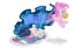 Size: 800x500 | Tagged: angry, artist:xilenobody143, blanket, blushing, cute, d:, derpibooru import, dream, dream walker luna, eyes closed, floppy ears, frown, inception, jumping, mouth hold, muffin, nom, pillow, pinkie pie, ponk, princess luna, prone, safe, scrunchy face, simple background, sleeping, smiling, stealing, transparent background, wat