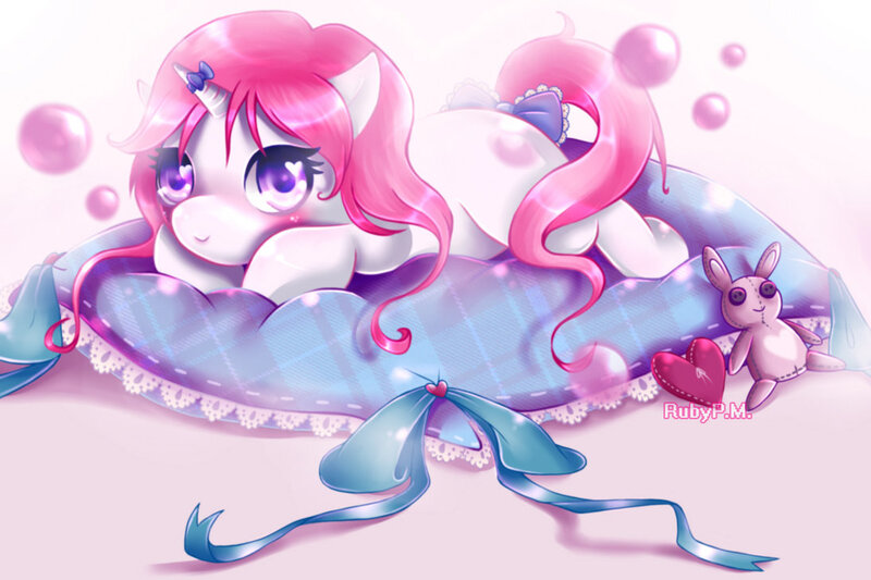 Size: 1095x730 | Tagged: safe, artist:rubypm, derpibooru import, oc, oc:bubblegum pop, unofficial characters only, pony, unicorn, heart, heart eyes, pillow, solo, wingding eyes