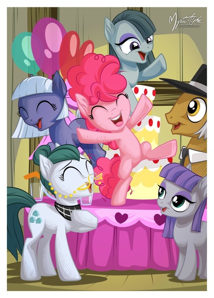 Size: 1021x1417 | Tagged: safe, artist:mysticalpha, derpibooru import, cloudy quartz, igneous rock pie, limestone pie, marble pie, maud pie, pinkie pie, pony, adoraquartz, balloon, bipedal, cake, cheering, cute, dancing, diapinkes, eyes closed, family, filly, filly pinkie pie, happy, laughing, limabetes, marblebetes, maudabetes, open mouth, pie family, pie sisters, quartzrock, scene interpretation, smiling, when she smiles