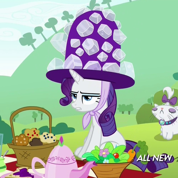 Size: 1000x1000 | Tagged: safe, derpibooru import, screencap, opalescence, rarity, maud pie (episode), giant hat, hat, hubble, hub logo, picnic, solo, the hub