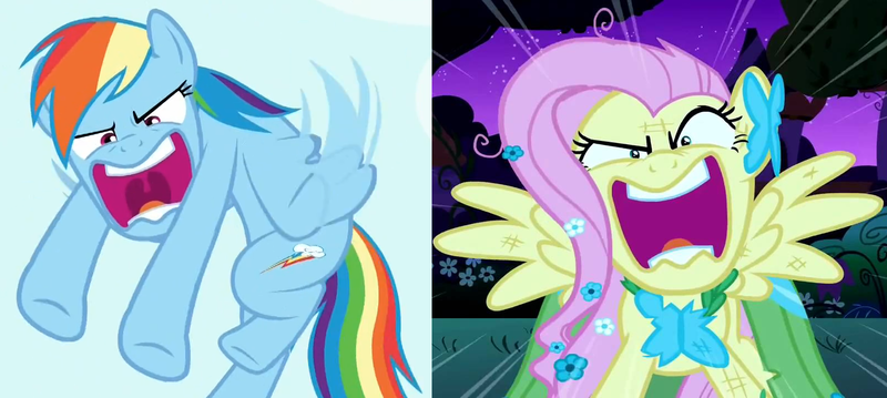 Size: 1602x719 | Tagged: safe, derpibooru import, edit, edited screencap, screencap, fluttershy, rainbow dash, pegasus, pony, maud pie (episode), the best night ever, collage, comparison, cropped, duo, faic, female, flutterrage, mare, meme, open mouth, raging dash, you're going to love me
