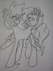 Size: 1024x1365 | Tagged: artist:fantastic-leon00, conjoined, conjoined twins, derpibooru import, fusion, gritted teeth, half alicorn half pegasus, help me, hilarious in hindsight, looking at each other, magic fail, multiple heads, oc, oc:peppermint pattie, oc:pumpkin spice, raised hoof, raised leg, safe, smiling, spread wings, sweat, together forever, traditional art, two heads, unofficial characters only, wat, we have become one, weird, wide eyes, wtf