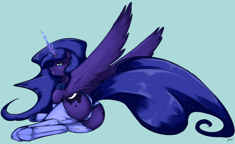 Size: 1300x800 | Tagged: artist:darkestmbongo, bedroom eyes, clothes, derpibooru import, female, gritted teeth, looking at you, looking back, magic, moonbutt, panties, plot, princess luna, questionable, side, simple background, solo, solo female, spread wings, stockings, underhoof, underwear