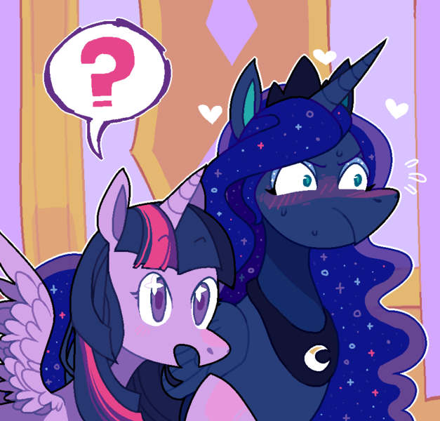 Size: 919x879 | Tagged: safe, artist:snovve, derpibooru import, princess luna, twilight sparkle, twilight sparkle (alicorn), alicorn, pony, blushing, female, heart, lesbian, mare, nervous, poker face, reaction, shipping, sweat, twiluna, unrequited