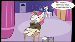 Size: 962x549 | Tagged: apple bloom, artist:naterrang, bondage, bound, cropped, derpibooru import, duct tape, fake horn, gag, glasses, missing accessory, paint, paint in hair, paint on fur, rarity, rope, safe, tape gag, toilet paper roll