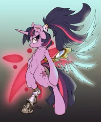 Size: 827x1000 | Tagged: safe, artist:dfectivedvice, artist:longren, color edit, derpibooru import, edit, twilight sparkle, pony, semi-anthro, artificial wings, augmented, belly button, bipedal, chest fluff, colored, ear fluff, earring, magic, magic wings, ponytail, prosthetics, solo, wings