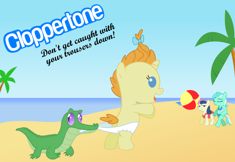 Size: 10877x7515 | Tagged: absurd resolution, artist:drewdini, assisted exposure, beach, bikini, bon bon, clothes, copperpony, coppertone, diaper, gummy, lyra heartstrings, pumpkin cake, safe, sweetie drops, swimsuit, wedgie