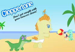 Size: 10877x7515 | Tagged: absurd resolution, artist:drewdini, assisted exposure, beach, bikini, bon bon, clothes, copperpony, coppertone, diaper, gummy, lyra heartstrings, pumpkin cake, safe, sweetie drops, swimsuit, wedgie