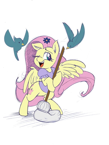 Size: 1536x2048 | Tagged: safe, artist:mickeymonster, derpibooru import, fluttershy, bird, pony, bipedal, cleaning, clothes, cute, happy, mop, one eye closed, open mouth, smiling, spread wings, tongue out, wink