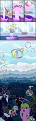 Size: 1500x5000 | Tagged: safe, artist:cgeta, derpibooru import, daisy, derpy hooves, flower wishes, lily, lily valley, pinkie pie, roseluck, pegasus, pony, bubble, comic, cotton candy cloud, eye scream, female, flower trio, food, mare, soap, sugar (food), this did not end well, weather factory