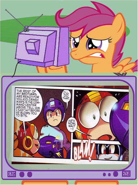 Size: 883x1179 | Tagged: safe, derpibooru import, scootaloo, archie comics, comic, exploitable meme, megaman, meme, obligatory pony, out of context, tv meme