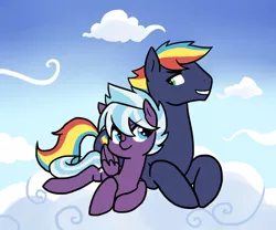 Size: 979x816 | Tagged: safe, artist:kianamai, derpibooru import, oc, oc:prism bolt, oc:whirlwind, unofficial characters only, kilalaverse, cloud, cloudy, cuddling, grin, next generation, offspring, parent:cloudchaser, parent:rainbow dash, parent:soarin', parent:thunderlane, parents:soarindash, parents:thunderchaser, prone, smiling, snuggling, story included